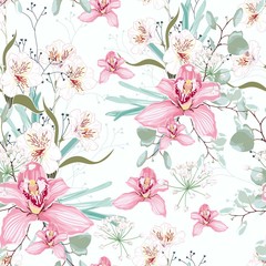 Seamless tropical pattern, with paradise orchid flower in bloom. Modern summer spring print design. White background. Tenderness wedding backdrop.