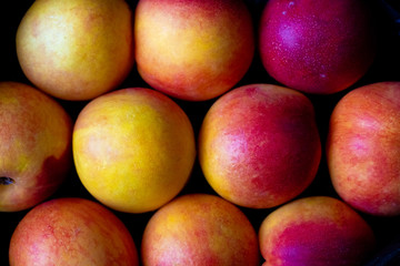 Multicolored peach fruit background with water drops