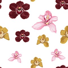 Pink burgundy yellow orchid Phalaenopsis floral seamless pattern. Exotic spring summer flowers in bloom, blossom foliage bouquet on white background. 