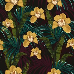 Tropical background with jungle plants. Seamless tropical pattern with blue palm leaves, yellow orchid flowers and green bananas leaves. Black background.