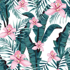 Papier Peint photo Orchidee Modèle sans couture de peinture d& 39 été tropique avec des feuilles de bananier et des plantes. Fleurs d& 39 orchidées roses de la jungle florale. Fond d& 39 écran de fleurs exotiques à la mode sur fond blanc.