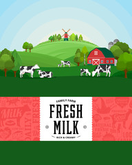 Milk farm illustration. Rural landscape. Cows and calves