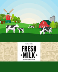 Obraz premium Milk farm illustration. Rural landscape. Cows and calves