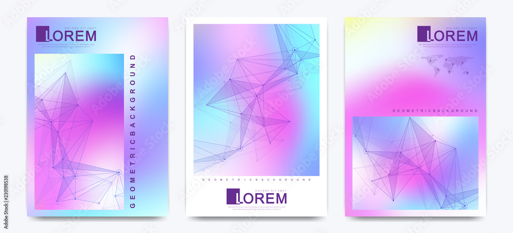 Poster Vector design template in trendy vibrant gradient colors with abstract fluid shapes. Futuristic scientific posters, banners, brochure, flyer and cover design with molecule, connected lines and dots