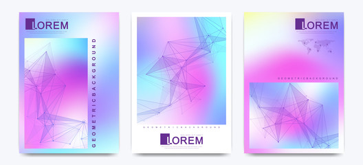 Vector design template in trendy vibrant gradient colors with abstract fluid shapes. Futuristic scientific posters, banners, brochure, flyer and cover design with molecule, connected lines and dots