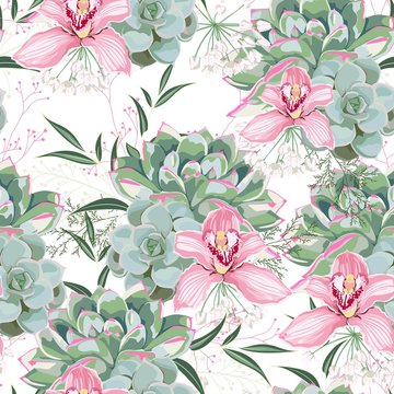Floral pattern, delicate flower wallpaper, white herbs, pink orchid and green pink succulent. Delicate feminine pattern on the white background.
