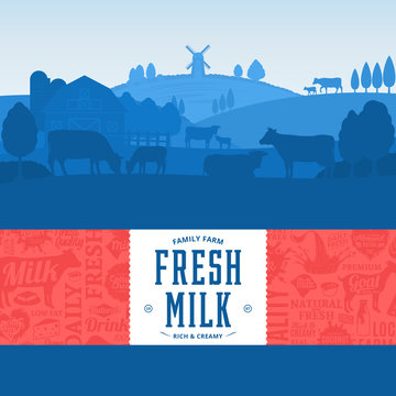 Milk illustration. Rural landscape. Cows and calves