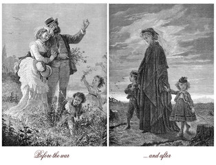 Sad pair of images comparing the family life before and after war, where the husband and father was killed, happiness destroyed with one life