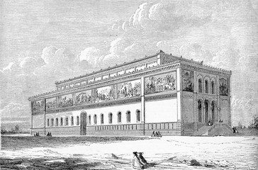 Vintage engraving of the Neue Pinakothek of Munich (now Alte Pinakothek), the largest museum in the world established in 1836 in neo-Renaissance castle-like style