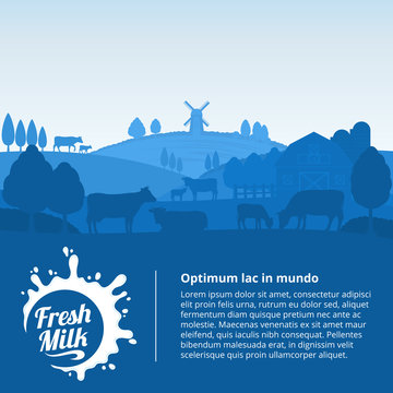 Vector milk illustration with cows, calves and farm