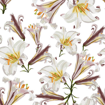 Beautiful white lilies flowers in watercolor style. Seamless pattern on white background.