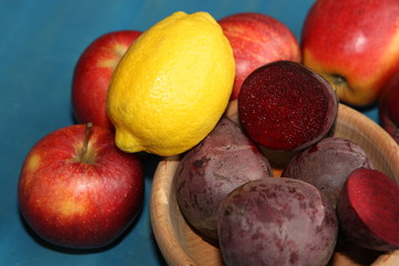 Fresh juice ingredients. Beetroots and fruits.
