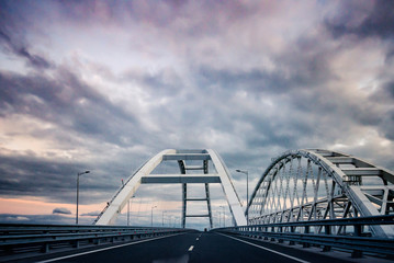 the Car rides on the road bridge connecting the banks of the Kerch Strait between Taman And Kerch. Crimean bridge October, 2018