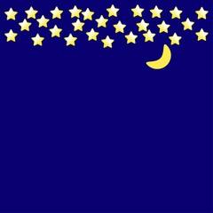 Dark night vector background. Yellow stars and moon on blue sky. Flat simple style for any web design or textile.