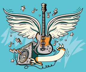 Music design - drawn winged guitar and amplifier
