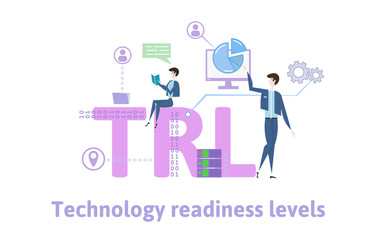 TRL, Technology readiness levels. Concept with keywords, letters and icons. Colored flat vector illustration on white background.