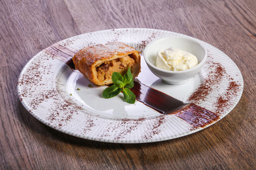 Apple strudel with ice-cream