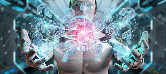 Cyborg solving problem with digital question marks 3D rendering
