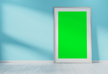 Large vertical frame leaning on a blue wall 3D rendering