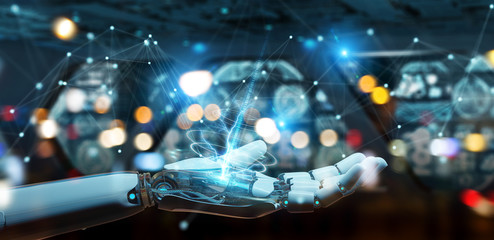 White robot hand using digital network connection 3D rendering