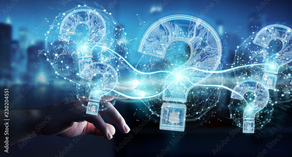 Poster businessman solving problem with digital question marks 3d rendering