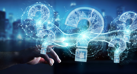 Businessman solving problem with digital question marks 3D rendering