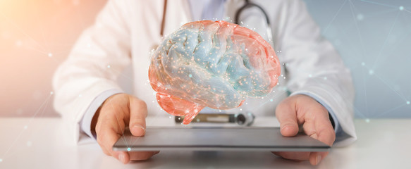 Doctor using digital brain scan hologram 3D rendering