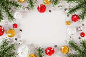 Christmas card mockup with red baubles 3D rendering