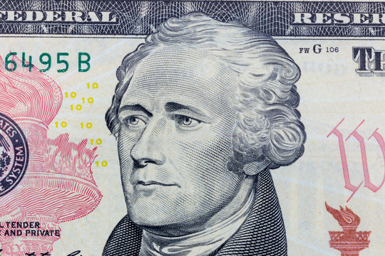 Alexander Hamilton on the ten dollar bill macro photo. United States of America currency detail.