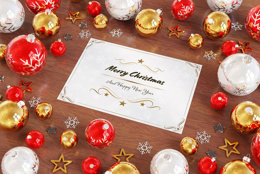 Christmas card greetings with red baubles 3D rendering