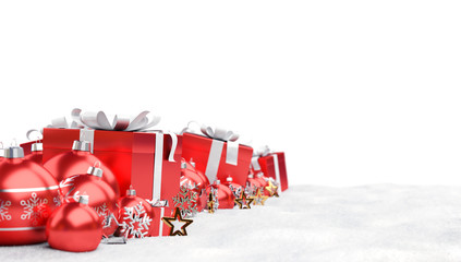 Red christmas baubles and gifts background 3D rendering