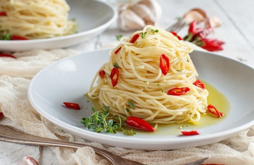 Spaghetti with garlic, olive oil and hot red pepper
