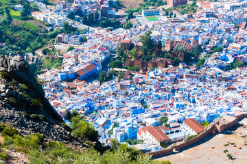 Blue medina of the Chefchaouen panoramic view from mountain viewpoint, Morocco in Africa.