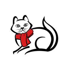 Abstract icon of a cat with red scarf. Black and white pet logo. Vector illustration.