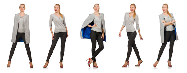 Pretty woman in gray blouse isolated on white