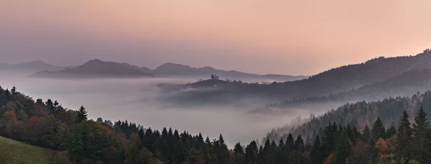 Printed roller blinds Panoramic foggy landscape at dawn over mountain and valley