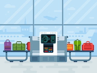 Airport luggage scanner. Police secure belt scanners scan airline passengers baggage, passenger checkpoint vector illustration