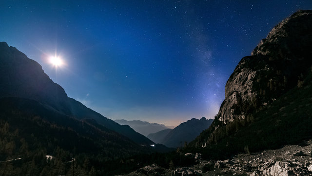 stars and milky way with moon light over mountain night landscape. night panorama. Nightscape