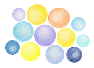 Circles, sky colors, color pencils, hand drawn, high resolution, isolated on white