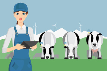 Woman farmer with digital tablet on a cattle grazing. Internet of things in cattle breeding. Vector illustration