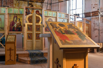 Internal view of the temple. Holy Trinity Anzersky skete of the Solovki monastery on the Anzersky island, Solovki islands, Arkhangelsk region, Russia