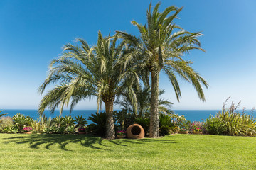 Beautiful cozy garden landscape of luxury home facing the blue sea with coconut palms and lawn. Mountain landscaping with a view of paradise