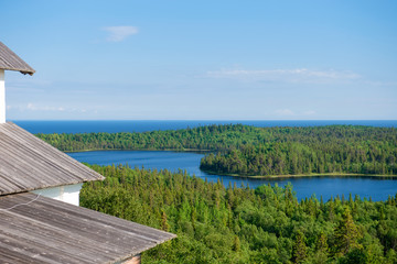 Fototapety  View of the island of Anzersky, monastery building, and the White Sea from Mount Calvary on Anzersky Island, Solovki Islands, Arkhangelsk Region, Russia