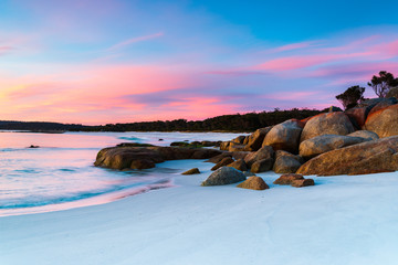 Cosy Corner, Bay of Fires, Tasmania, Australia. Sunrise over the spectacular North East coast of...