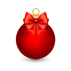 Red Christmas ball with ribbon and a bow, isolated on white background