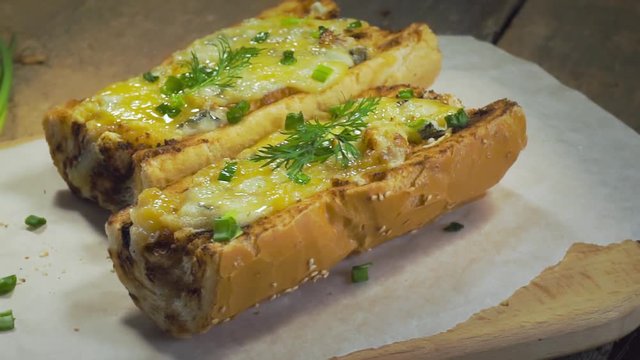 Open face cheese sandwich toated in an oven. Delicious homemade cheese toast with mozzarella, gorgonzola and green onion.