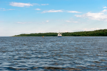 The ship is in the bay on Anzersky Island, Solovki Islands, Arkhangelsk Region, Russia