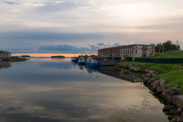 View of the Prosperity Cove on a polar summer day, at sunset. Solovki Islands, Arkhangelsk region, White Sea