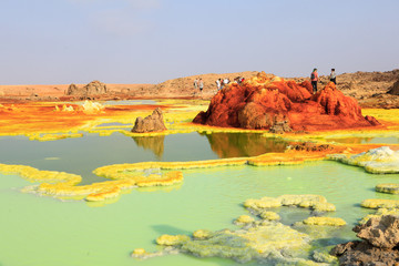 Out-this-planet view to Dallol volcano crater at Danakil Depression and sulfur, salt, potassium,...
