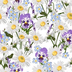 Seamless pattern with chamomiles, forget-me-not and viola flowers. Hand-drawn illustration on white background.